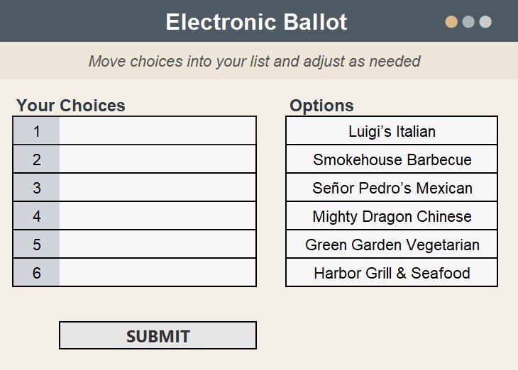 Electronic ballot with ranking slots and choices