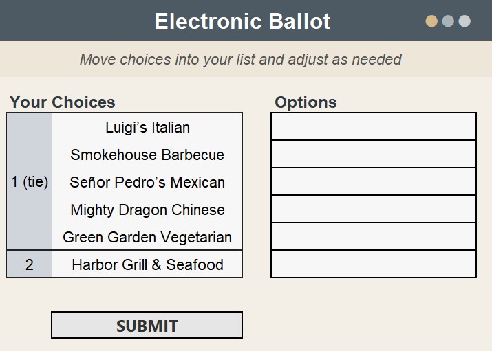 Electronic ballot with seafood separated from other choices