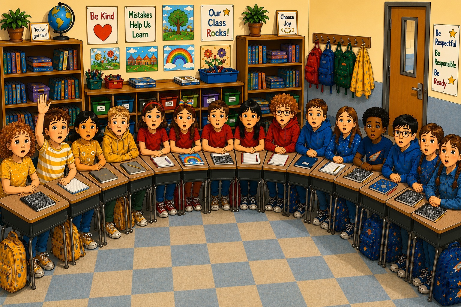 Surprised Students in a Colorful Classroom