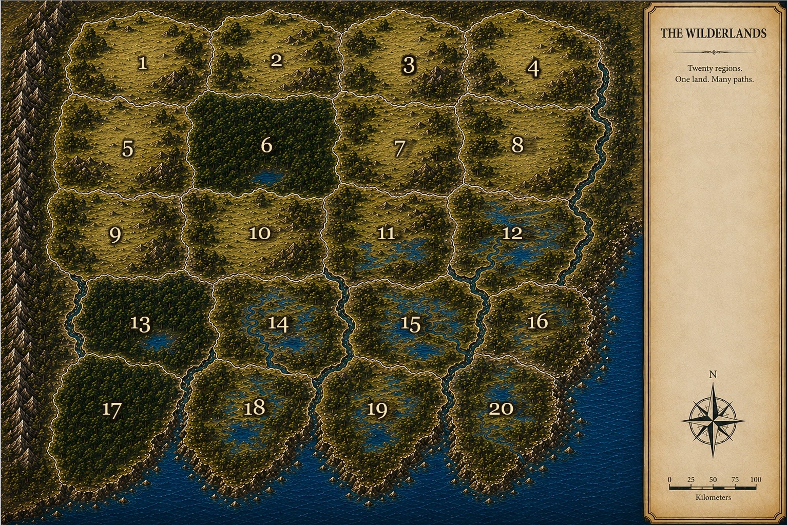 Map of the Wilderlands divided into 20 regions