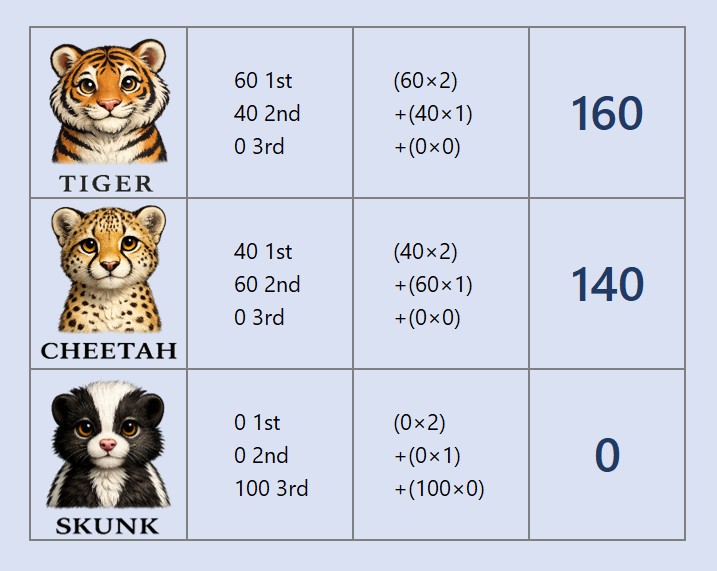 Point totals with Tiger finishing first