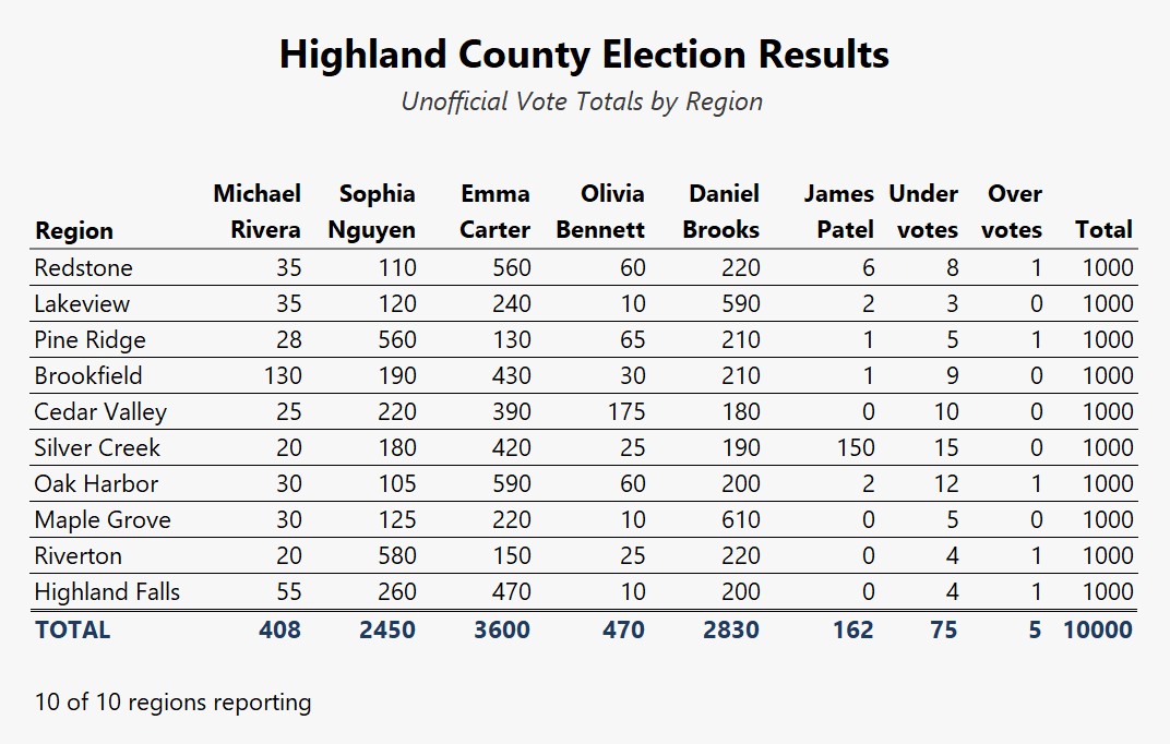 Highland County regional reporting example